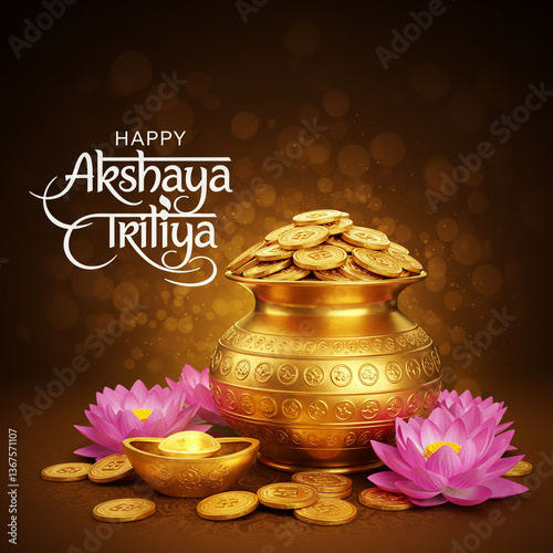 Elegant Happy Akshaya Tritiya Card with Gold Pot, Coins, and Lotus Flowers