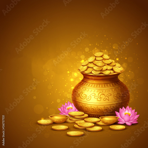 Golden Pot of Coins with Lotus Flowers for Akshaya Tritiya Celebration