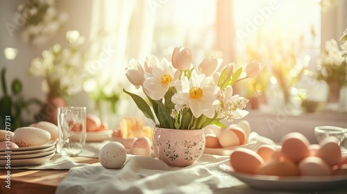 A beautifully styled Easter decor scene with pastel colors, floral patterns, and fresh seasonal flowers in a serene home setting.