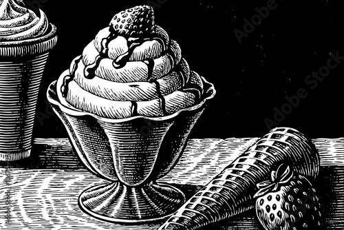 ice cream cup and wafer hand drawn sketch black and white illustration
