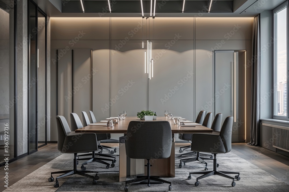 Fototapeta premium Faintly Visible Office Meeting Zone with Elegant Modern Design and Subdued Ambiance
