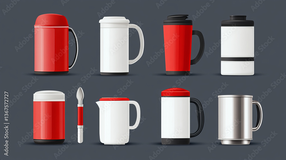 Set of thermo cups realistic blank templates in red, white and silver. 3d travel mug and thermos for hot drinks isolated on white background. Vector illustration Set of thermo cups realistic blank templates in red, white and silver. 3d travel mug and thermos for hot drinks isolated on white background. Vector illustration