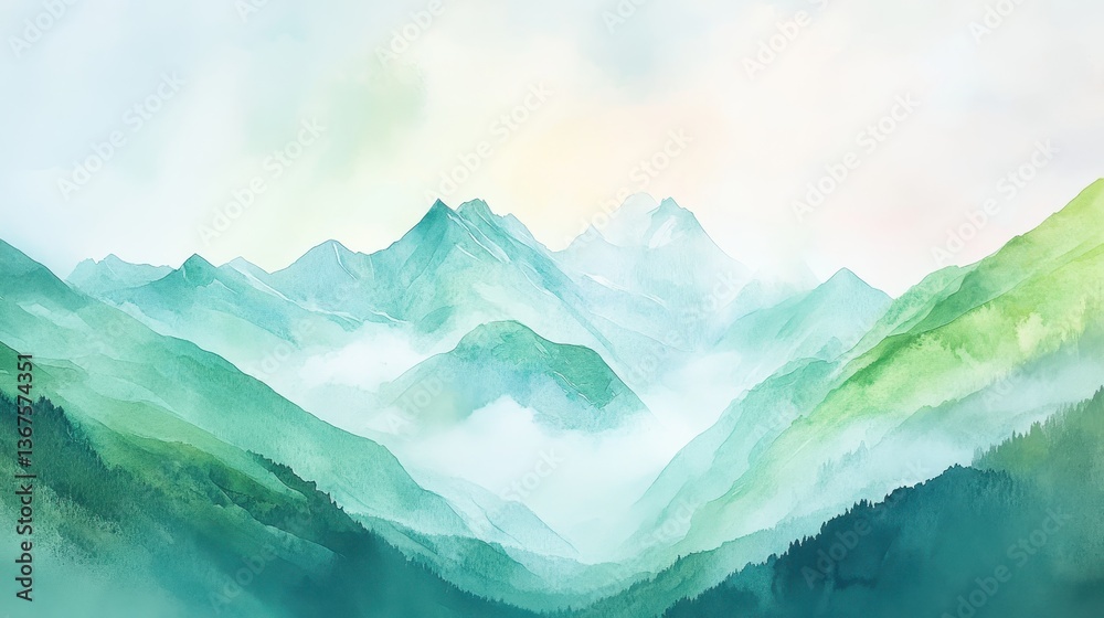 Fototapeta premium Watercolor of landscape forest misty mountains horizon and fog and hills,pine tree fir tree,Autumn forest background,drawn by hand,Autumn illustration design elements for landscape,wallpaper.
