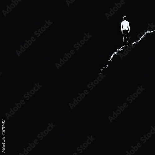 Minimalist High Contrast Figure Standing on Dark Slope Edge