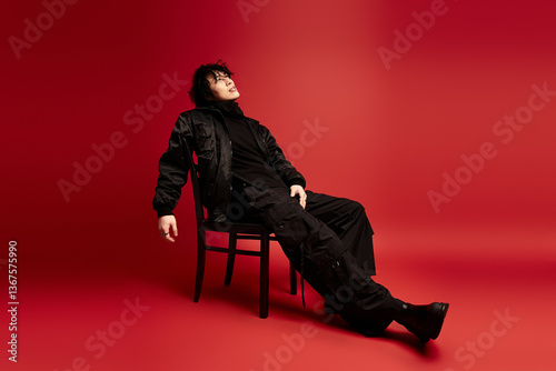 Urban vogue asian man exudes confidence in studio against a vivid red backdrop