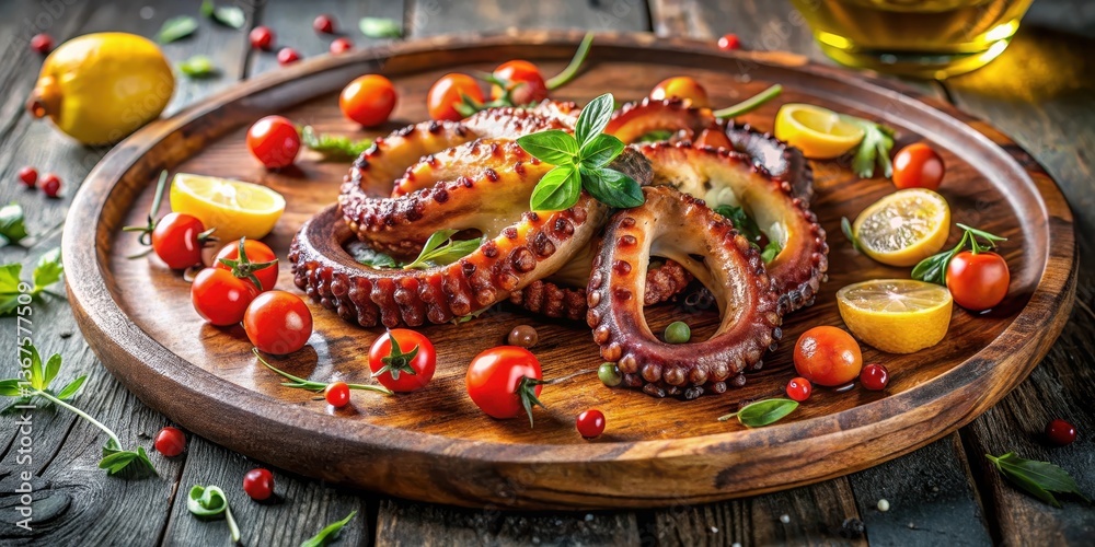 Fototapeta premium Delicious Grilled Octopus Rings Served on Rustic Wooden Platter with Fresh Herbs and Cherry Tomatoes