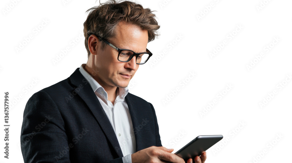 Concentration and Innovation: A business professional is deeply engaged with a digital tablet, focused and contemplative, dressed in a modern business suit, suggesting productivity, technology. Concentration and Innovation: A business professional is deeply engaged with a digital tablet, focused and contemplative, dressed in a modern business suit, suggesting productivity, technology.