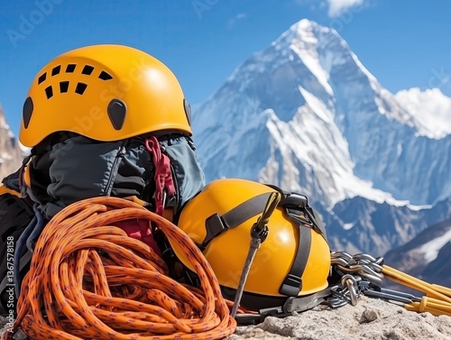 Mountaineering gear including orange helmets, rope, and backpack on rocky ground with a snowy mountain peak in the background.

