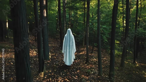 Ghostly figure wandering through a serene forest during daylight hours in an autumn setting