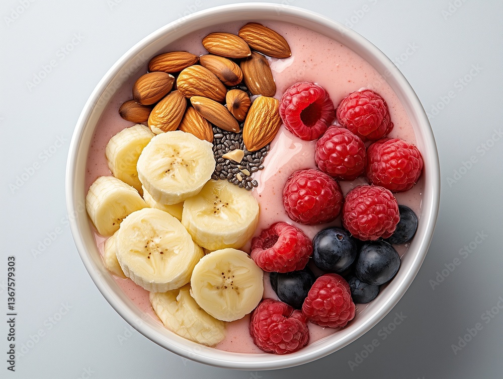Smoothie bowl topped with banana slices, raspberries, blueberries, almonds, and chia seeds in a white bowl on a light background.
Smoothie bowl topped with banana slices, raspberries, blueberries, almonds, and chia seeds in a white bowl on a light background.