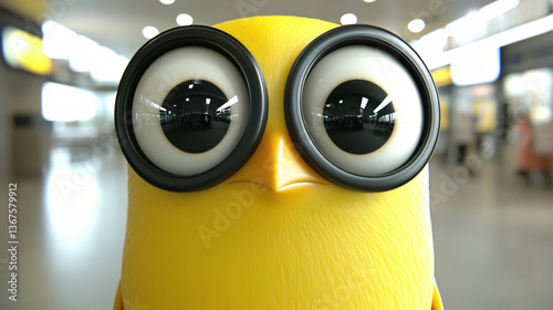 Whimsical minion character with big eyes wearing spectacles that add a quirky touch to its playful personality captured in bright lighting.