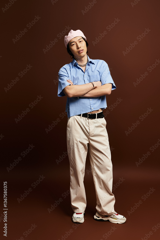 Fototapeta premium Stylish young man poses confidently in a modern studio with earthy tones