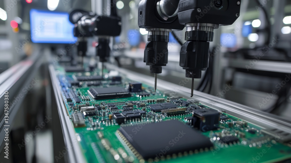 Fully Automated Modern PCB Assembly Line Equipped with Advanced High Precision Robot Arms at Bright Electronics Factory. Component Installation on Circuit Board. Electronic Devices Production Industry Fully Automated Modern PCB Assembly Line Equipped with Advanced High Precision Robot Arms at Bright Electronics Factory. Component Installation on Circuit Board. Electronic Devices Production Industry