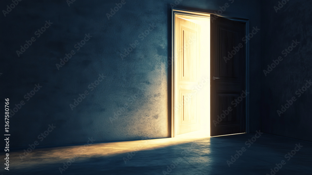 An open door with bright light streaming into a very dark room. Background Illustration. 3D rendering illustration An open door with bright light streaming into a very dark room. Background Illustration. 3D rendering illustration