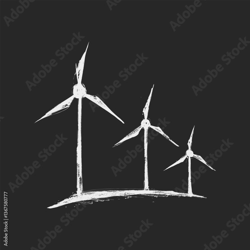 Three wind turbines on a hillside, rendered in bold black-and-white lines to highlight renewable energy themes