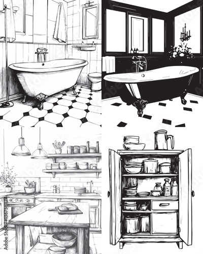 interior design,set of pictures with furniture,bathroom and kitchen,four,vector,logo,black and white graphics
