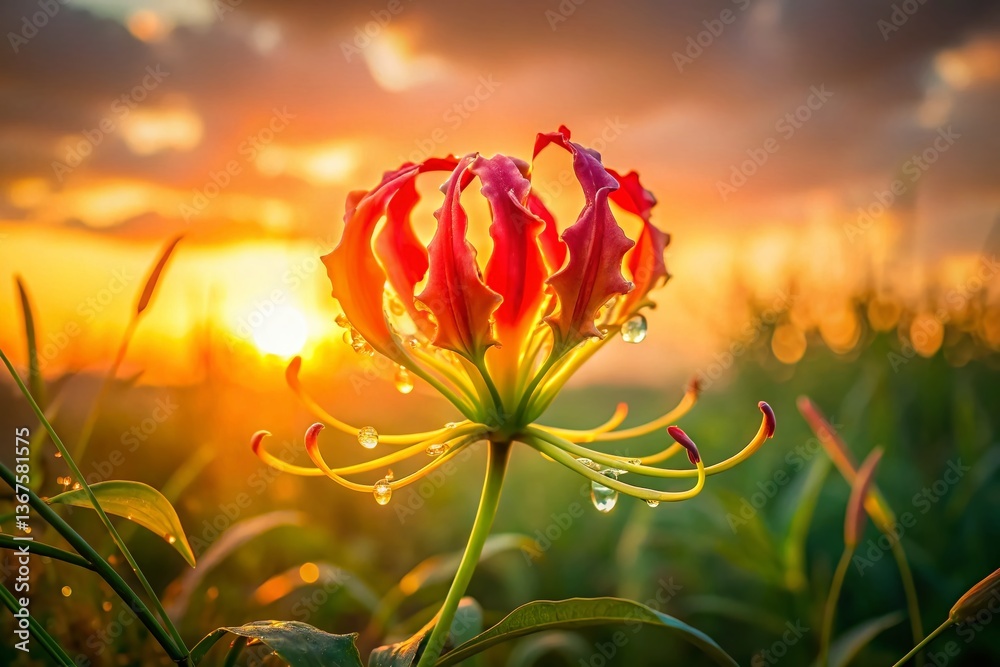 Obraz premium Flame Lily Gloriosa Superba Flower Blooming in Wild Landscape Sunset