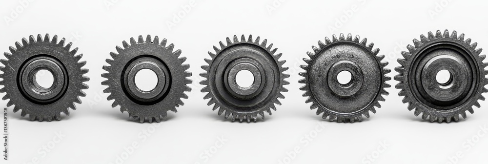 Five metallic gears aligned on white background. Five metallic gears aligned on white background.