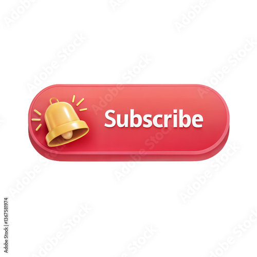 3D red Subscribe button with bell icon. YouTube Style 3D Subscribe Button with Alert Bell. Subscribe Button PNG.