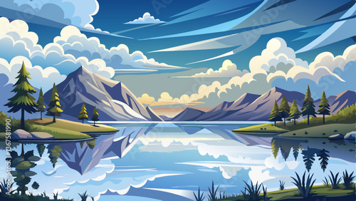 vector of serene monochrome panorama where soft clouds hover over a still, reflective lake
