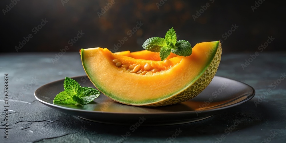 A refreshing slice of sweet cantaloupe garnished with fresh mint leaves, served on a dark plate for a delightful summer treat. A refreshing slice of sweet cantaloupe garnished with fresh mint leaves, served on a dark plate for a delightful summer treat.
