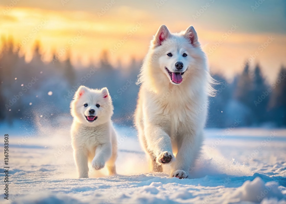 Obraz premium Fluffy Arctic Friends: Adorable Samoyed and Husky Puppies Playing Together