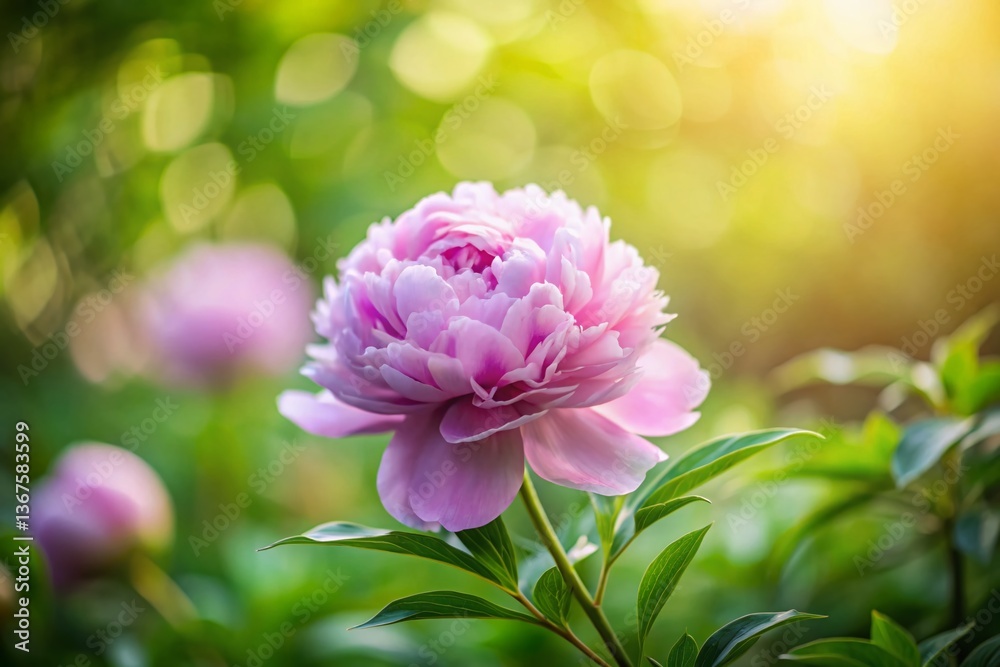 Fototapeta premium Fluffy Peony in Violet Garden, Lush Green Background - Spring Floral Landscape