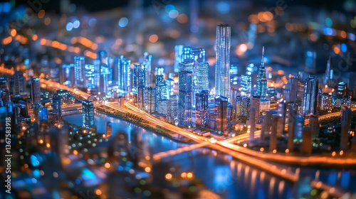 Financial technology, Smart city isometric concept. Miniature model city and communication network. Internet and Information communication network. Vector illustration