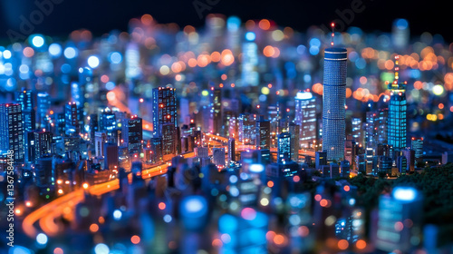 Financial technology, Smart city isometric concept. Miniature model city and communication network. Internet and Information communication network. 