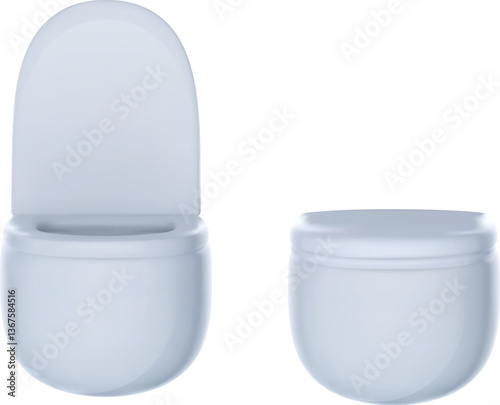 3d vector white ceramic open and closed wall hung toilet bowl in realistic style. Element design for bathroom. Modern illustration.