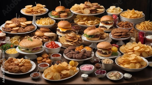High-angle, full shot of various unhealthy foods.