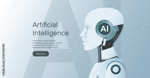 AI humanoid head side view, machine learning, neural network, Artificial Intelligence (AI) technology innovation background.