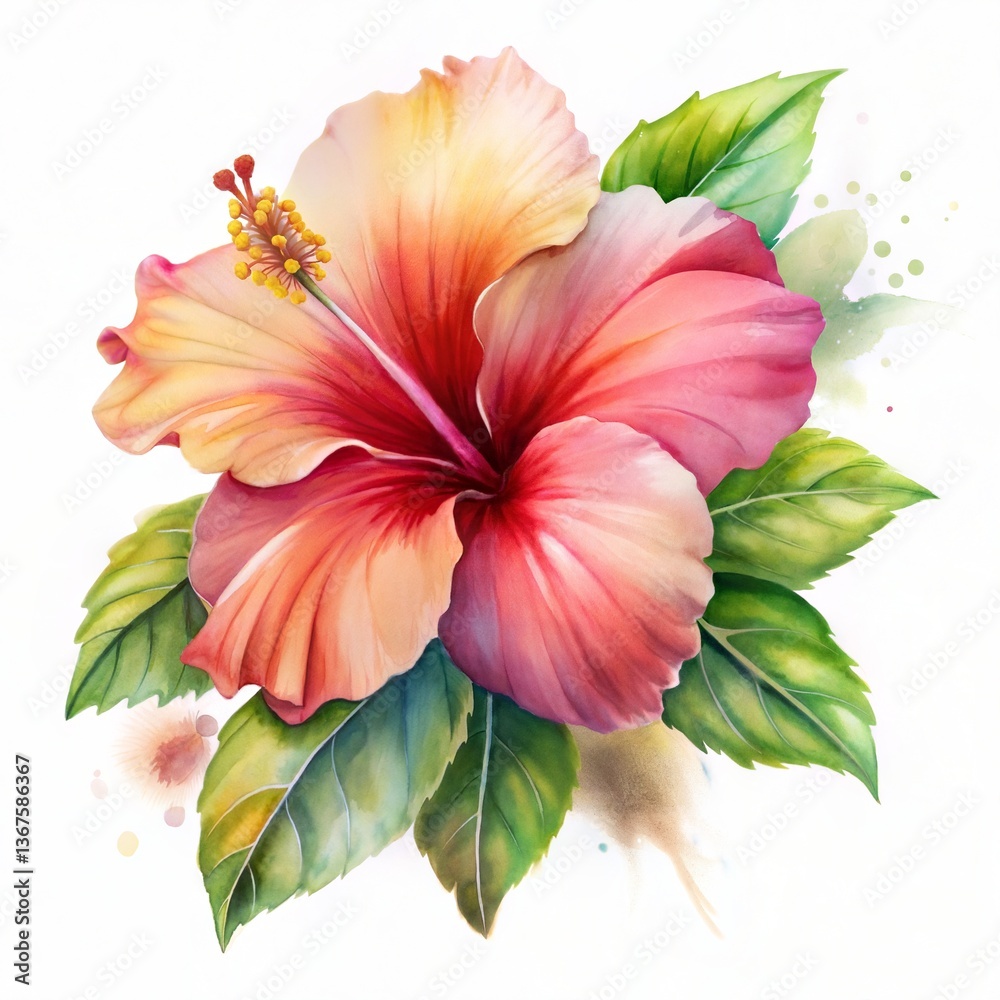 Obraz premium A tropical watercolor painting of a hibiscus, gentle brush strokes, white background 