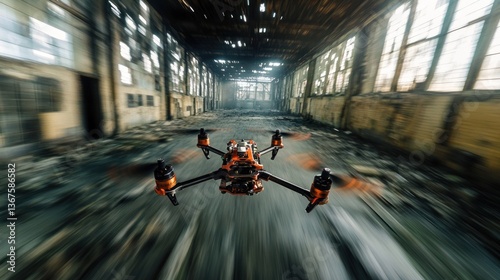 Aerial agility: FPV drone soaring through an abandoned industrial complex's interior