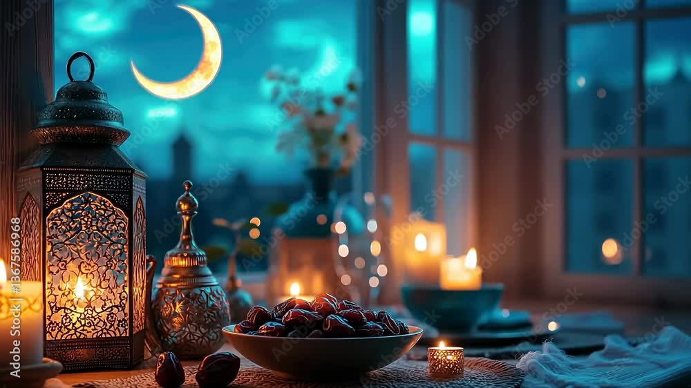 A warm and inviting Ramadan table at sunset, featuring dates and an unlit oriental lantern. A warm and inviting Ramadan table at sunset, featuring dates and an unlit oriental lantern.