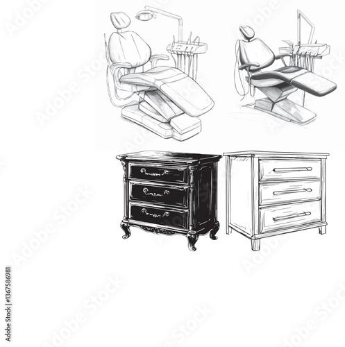 interior design,set of pictures with furniture,dressers and dental chairs,four,vector,logo,black and white graphics
