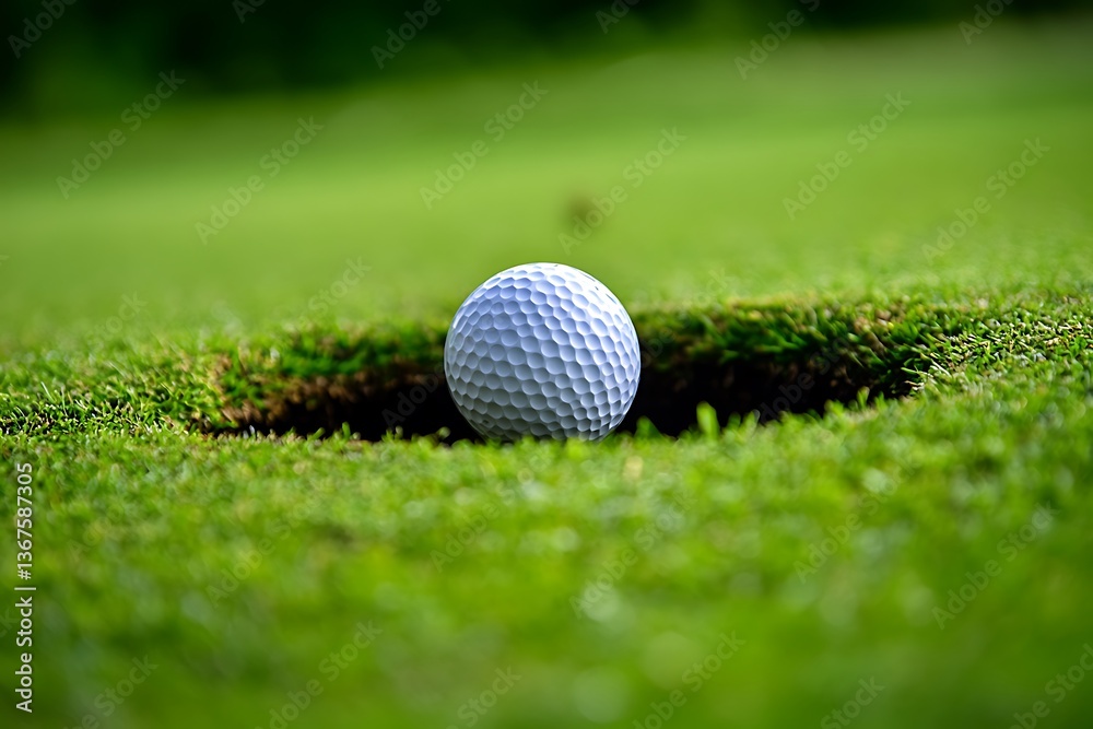 Obraz premium Golf ball on green grass ready to be shot into the hole