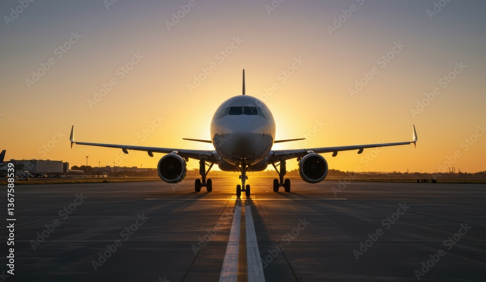 Obraz premium Commercial airplane on airport runway at sunset, highlighting air travel concepts.