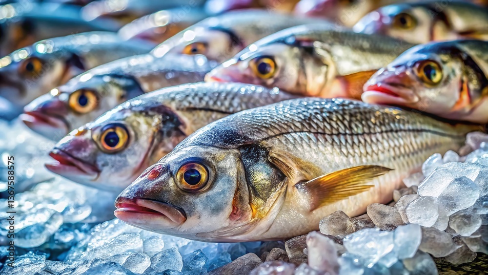 Fresh Fish on Ice at Market Display - High-Quality Stock Photo Fresh Fish on Ice at Market Display - High-Quality Stock Photo