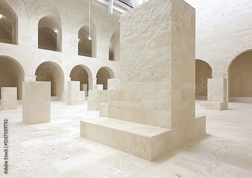 A Minimalist Interior Space Displaying Stone Geometric Architectural Structures