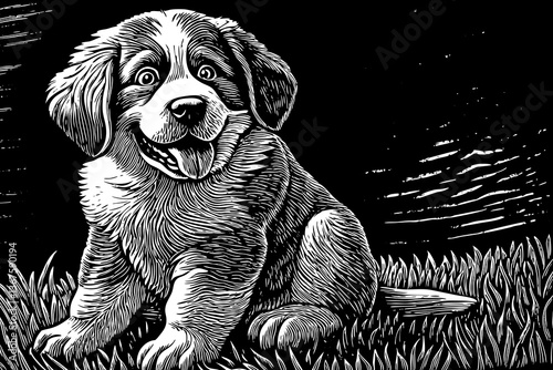 Funny Bernese mountain dog hand drawn sketch black and white illustration