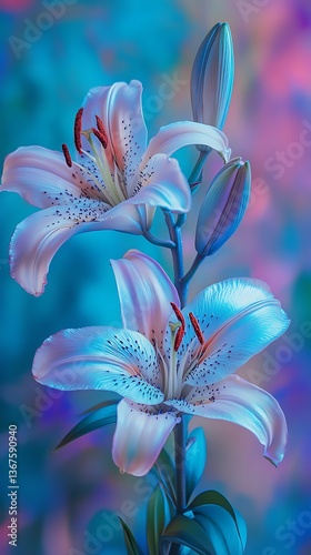 Beautiful lily flowers on a background of blue and purple colors photo