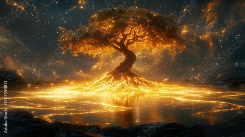 A celestial bonsai tree floating above a glassy lake, its glowing roots absorbing the starlight and creating ripples of golden energy.