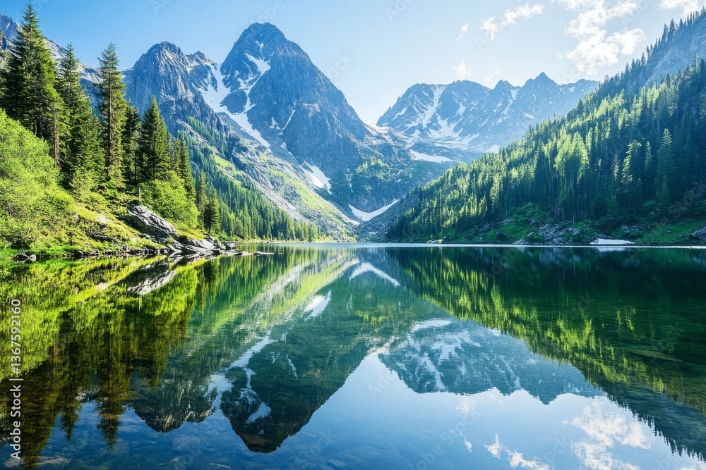 Fototapeta premium Serene Mountain Landscape with Reflections in Clear Lake Water