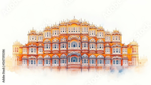 Vibrant watercolor illustration capturing the intricate beauty of Hawa Mahal palace in Jaipur at sunrise