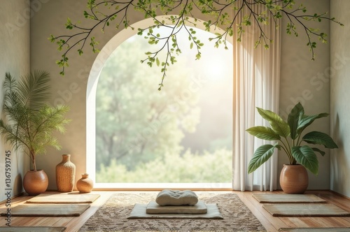 Peaceful zen meditation room with large arch window and lush greenery