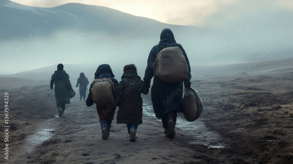 Refugees walking on a dirt road, leaving their homeland