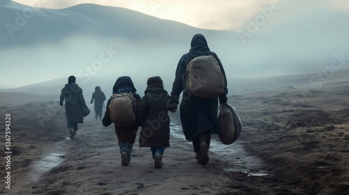 Obraz na płótnie Refugees walking on a dirt road, leaving their homeland w salonie