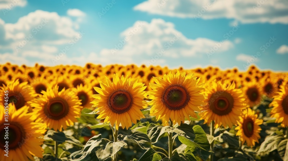 Fototapeta premium Radiant Sunflower Field under a Bright Sky: A Stunning Natural Spectacle