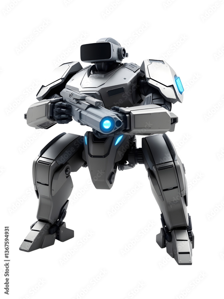 A highly detailed, 3D model of a combat robot in a crouched position, holding a weapon A highly detailed, 3D model of a combat robot in a crouched position, holding a weapon